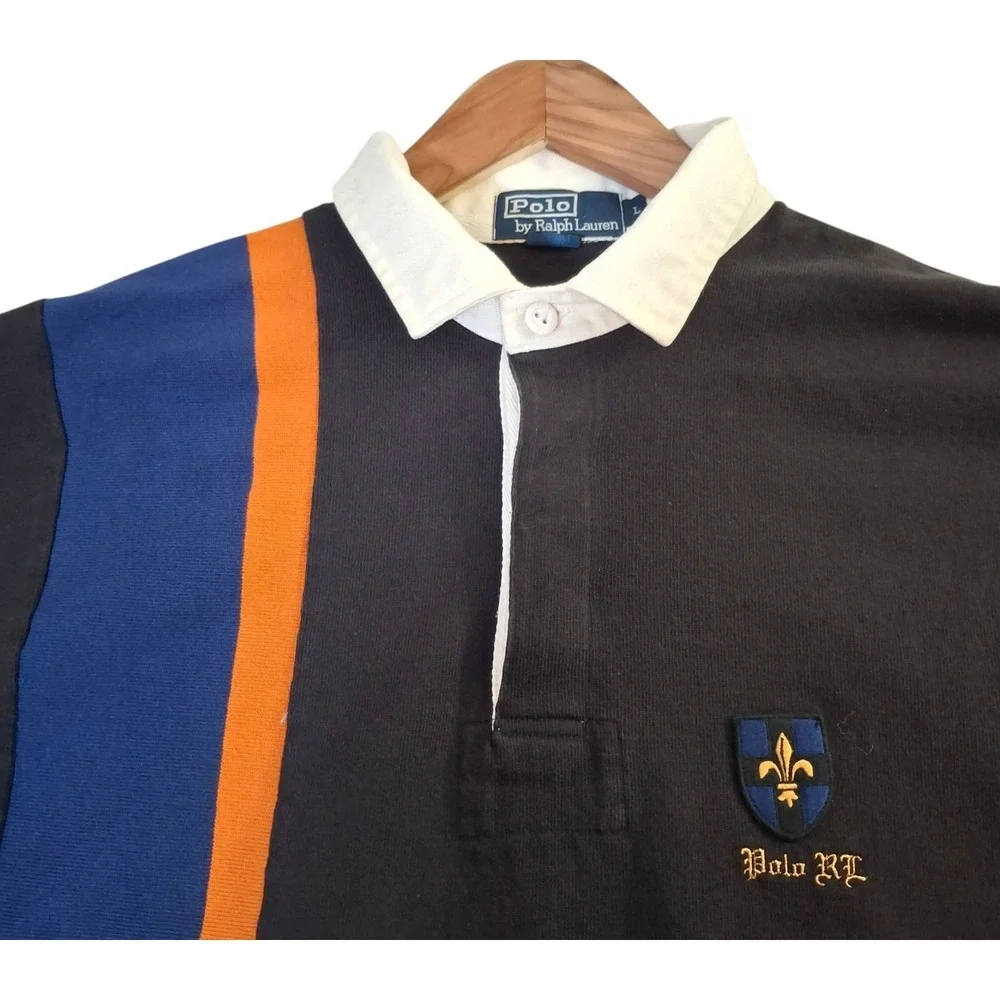 Vtg Polo Ralph Lauren Long Sleeve Rugby Shirt Mens L  Brown Striped Preppy Crest
